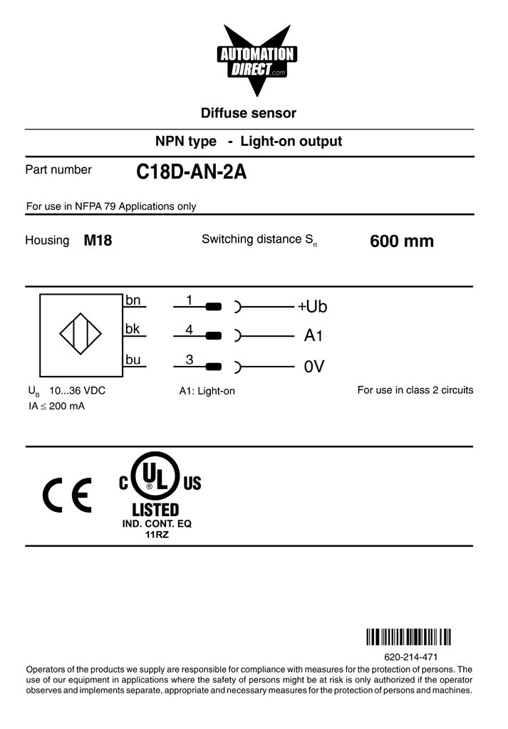PHOTO 18MM METAL DIFFUS NPN RIGHTOPTIC CAB.-C18D-AN-2A