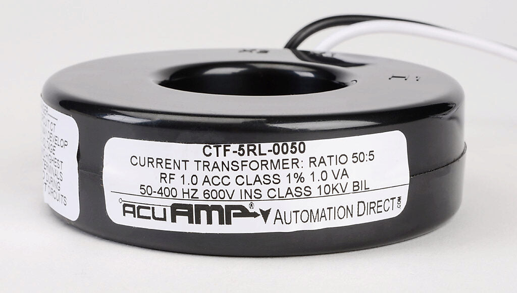 AcuAMP AC current transformer, solid core, 50A primary, 5A secondary, 1.56in diameter sensing window, 2% accuracy, (2) 24in 16AWG lead wires.-CTF-5RL-0050