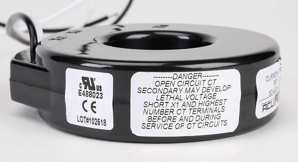 AcuAMP AC current transformer, solid core, 50A primary, 5A secondary, 1.56in diameter sensing window, 2% accuracy, (2) 24in 16AWG lead wires.-CTF-5RL-0050