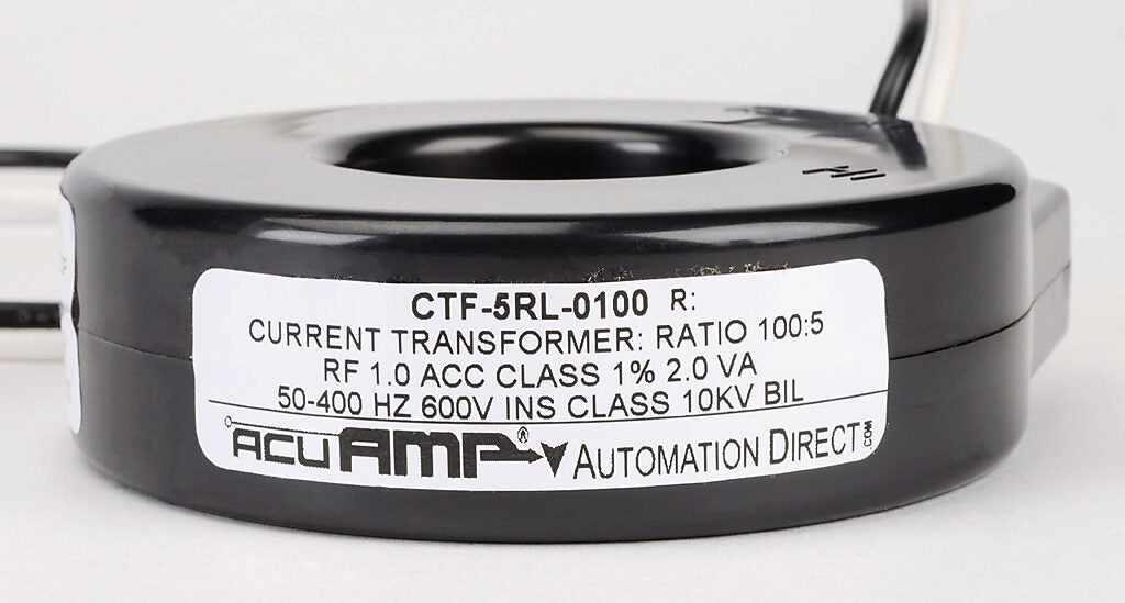 AcuAMP AC current transformer, solid core, 100A primary, 5A secondary, 1.56in diameter sensing window, 2% accuracy, (2) 24in 16AWG lead wires.-CTF-5RL-0100