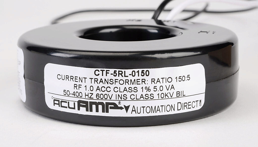 AcuAMP AC current transformer, solid core, 150A primary, 5A secondary, 1.56in diameter sensing window, 1% accuracy, (2) 24in 16AWG lead wires.-CTF-5RL-0150