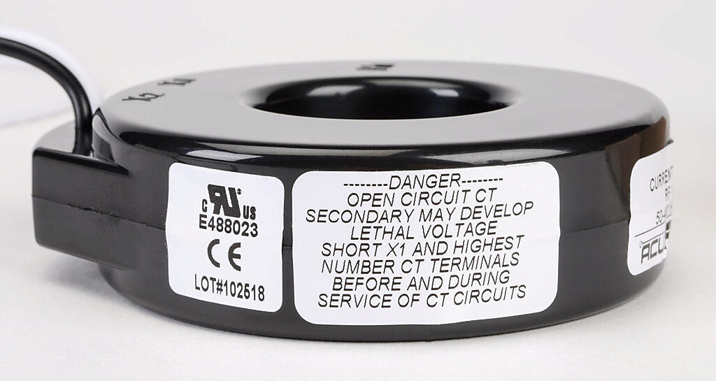 AcuAMP AC current transformer, solid core, 150A primary, 5A secondary, 1.56in diameter sensing window, 1% accuracy, (2) 24in 16AWG lead wires.-CTF-5RL-0150