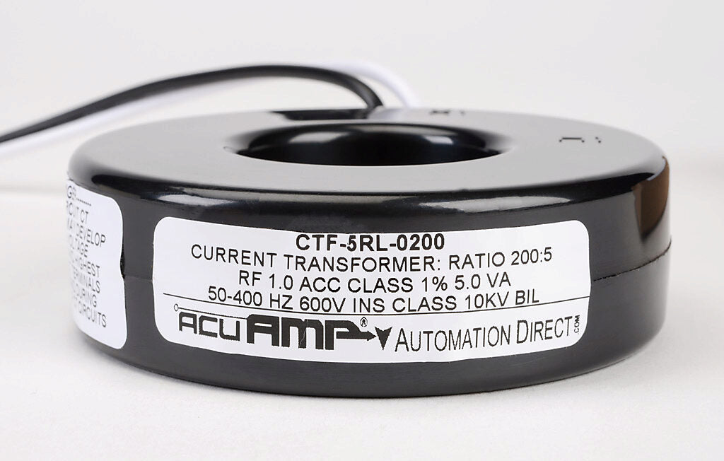 AcuAMP AC current transformer, solid core, 200A primary, 5A secondary, 1.56in diameter sensing window, 1% accuracy, (2) 24in 16AWG lead wires.-CTF-5RL-0200