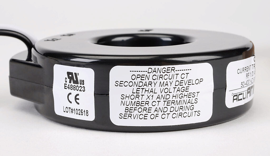 AcuAMP AC current transformer, solid core, 200A primary, 5A secondary, 1.56in diameter sensing window, 1% accuracy, (2) 24in 16AWG lead wires.-CTF-5RL-0200