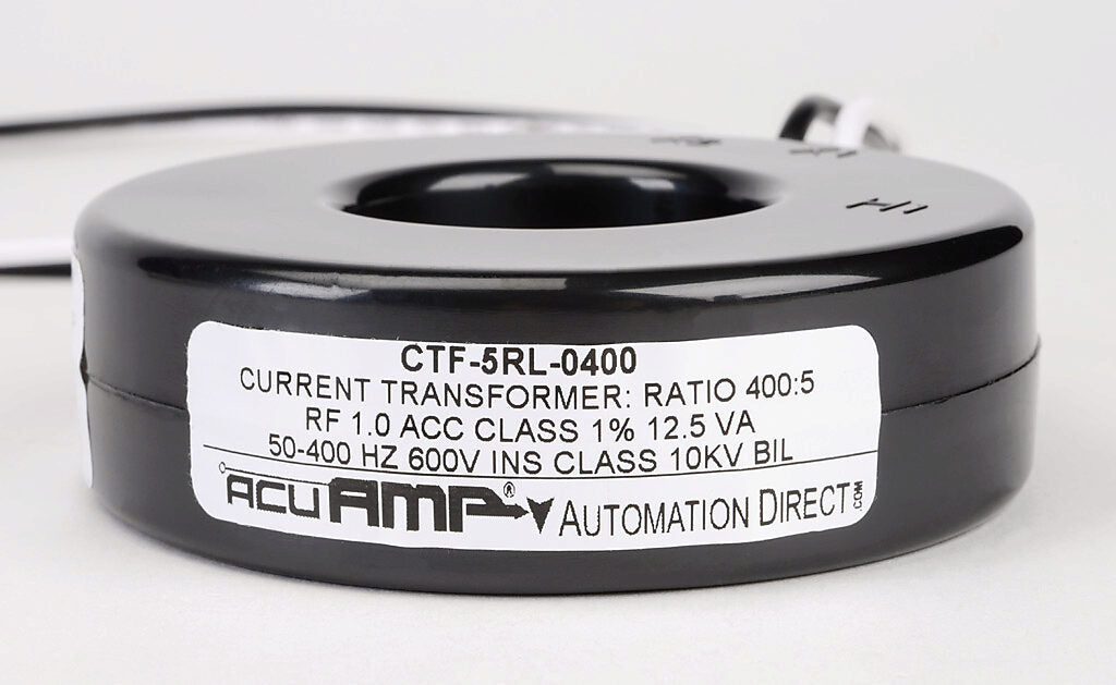 AcuAMP AC current transformer, solid core, 400A primary, 5A secondary, 1.56in diameter sensing window, 1% accuracy, (2) 24in 16AWG lead wires.-CTF-5RL-0400