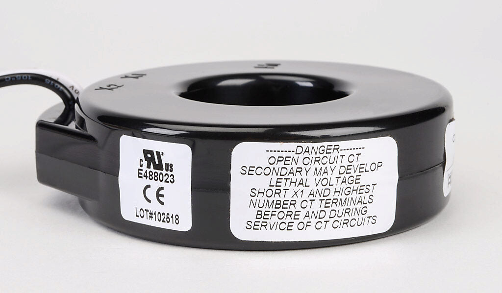 AcuAMP AC current transformer, solid core, 400A primary, 5A secondary, 1.56in diameter sensing window, 1% accuracy, (2) 24in 16AWG lead wires.-CTF-5RL-0400