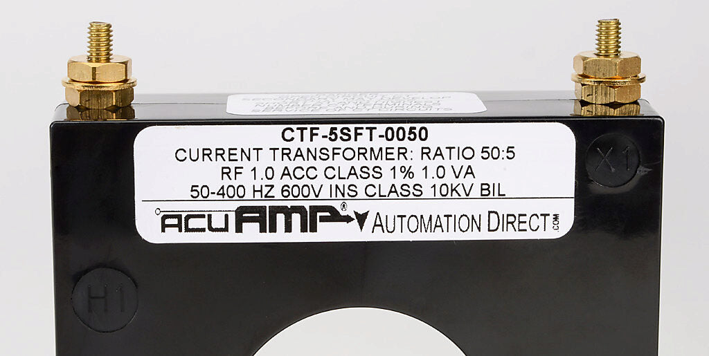 AcuAMP AC current transformer, solid core, 50A primary, 5A secondary, 1.56in diameter sensing window, 2% accuracy, M4 x 0.7 threaded terminal stud with nut.-CTF-5SFT-0050