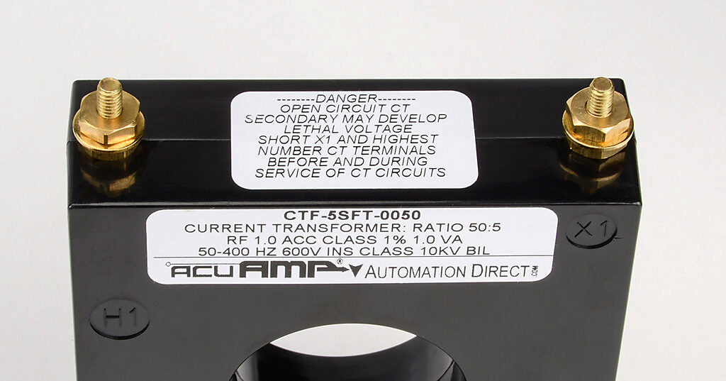 AcuAMP AC current transformer, solid core, 50A primary, 5A secondary, 1.56in diameter sensing window, 2% accuracy, M4 x 0.7 threaded terminal stud with nut.-CTF-5SFT-0050