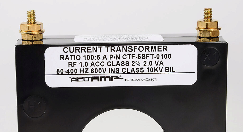 AcuAMP AC current transformer, solid core, 100A primary, 5A secondary, 1.56in diameter sensing window, 2% accuracy, M4 x 0.7 threaded terminal stud with nut.-CTF-5SFT-0100