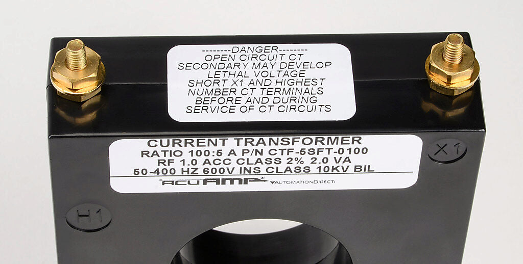 AcuAMP AC current transformer, solid core, 100A primary, 5A secondary, 1.56in diameter sensing window, 2% accuracy, M4 x 0.7 threaded terminal stud with nut.-CTF-5SFT-0100