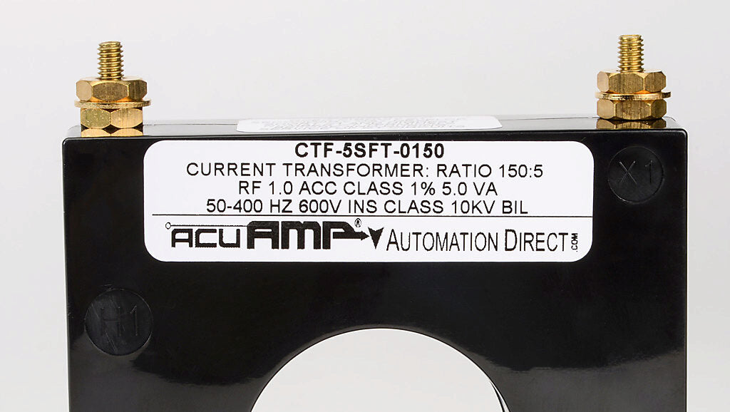 AcuAMP AC current transformer, solid core, 150A primary, 5A secondary, 1.56in diameter sensing window, 1% accuracy, M4 x 0.7 threaded terminal stud with nut.-CTF-5SFT-0150