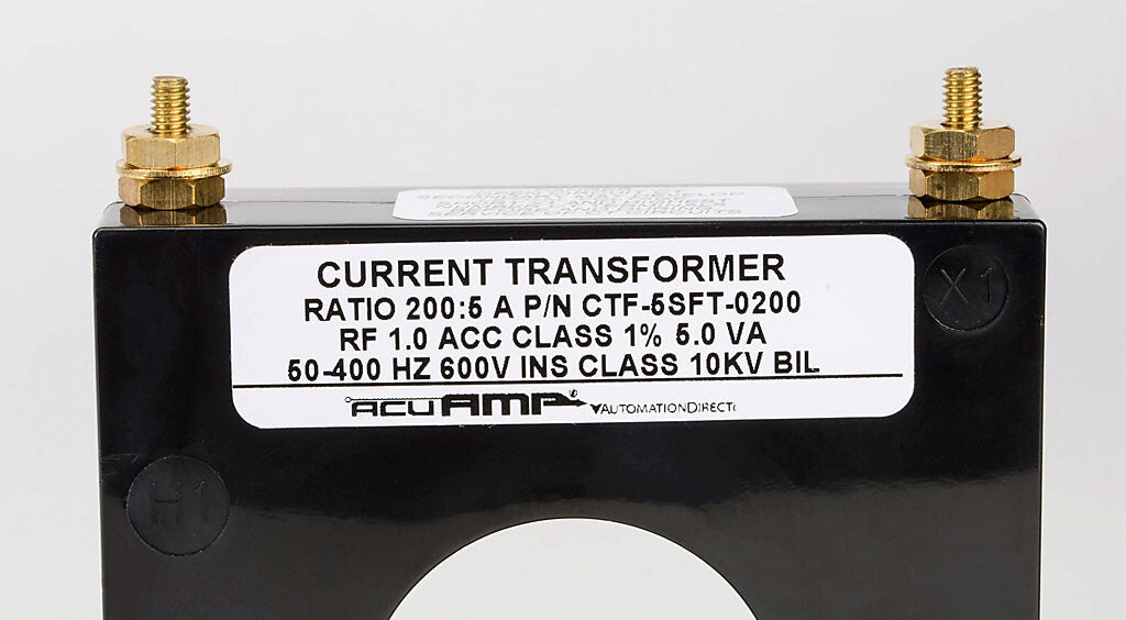 AcuAMP AC current transformer, solid core, 200A primary, 5A secondary, 1.56in diameter sensing window, 1% accuracy, M4 x 0.7 threaded terminal stud with nut.-CTF-5SFT-0200