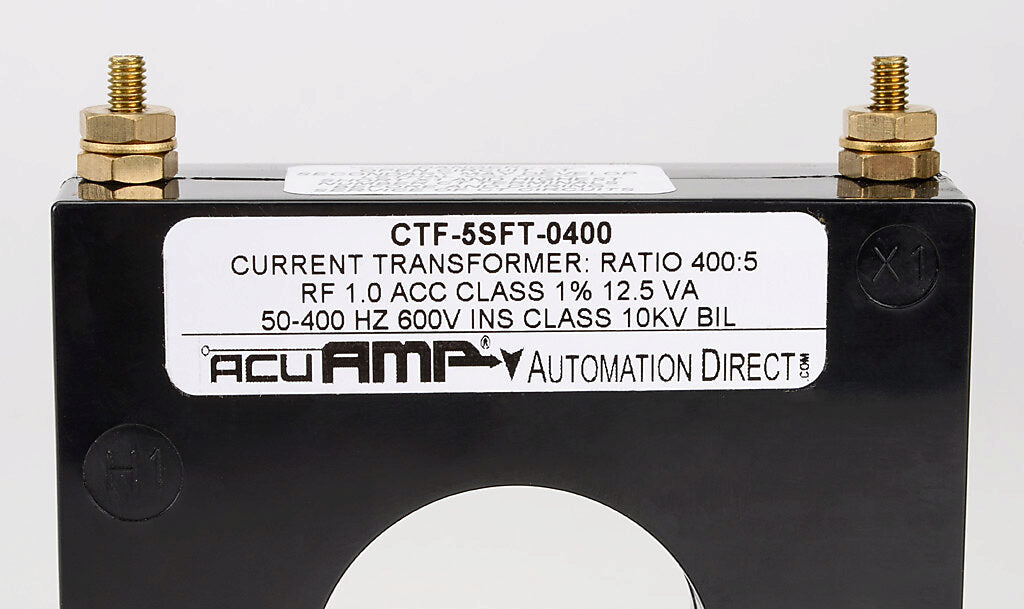 AcuAMP AC current transformer, solid core, 400A primary, 5A secondary, 1.56in diameter sensing window, 1% accuracy, M4 x 0.7 threaded terminal stud with nut.-CTF-5SFT-0400
