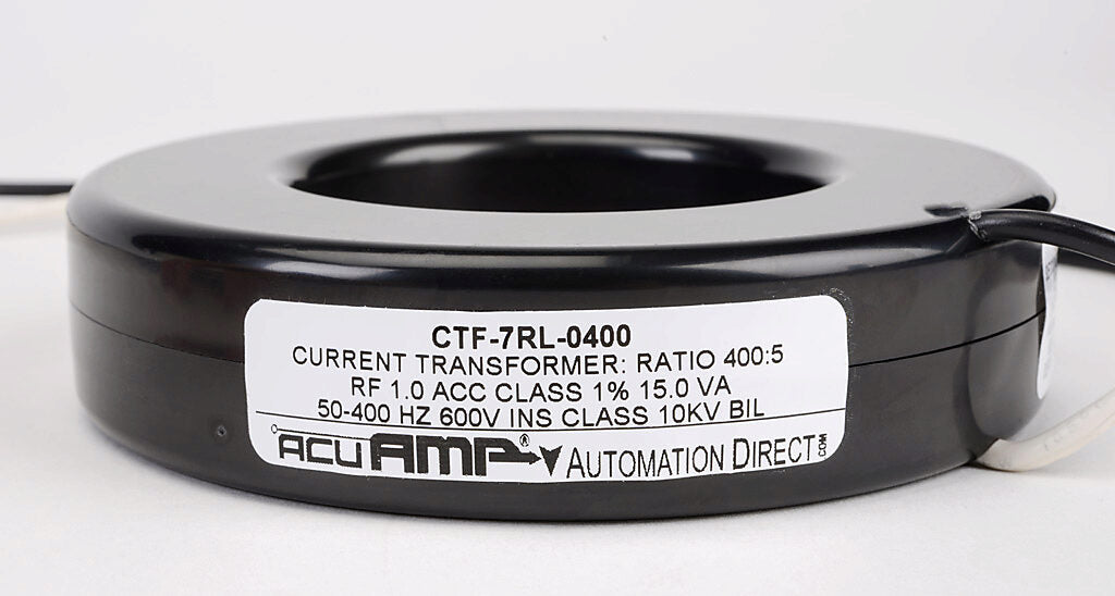 AcuAMP AC current transformer, solid core, 400A primary, 5A secondary, 2.5in diameter sensing window, 1% accuracy, (2) 24in 16AWG lead wires.-CTF-7RL-0400