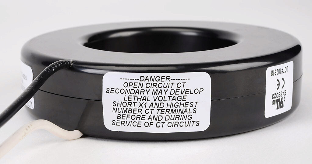 AcuAMP AC current transformer, solid core, 400A primary, 5A secondary, 2.5in diameter sensing window, 1% accuracy, (2) 24in 16AWG lead wires.-CTF-7RL-0400