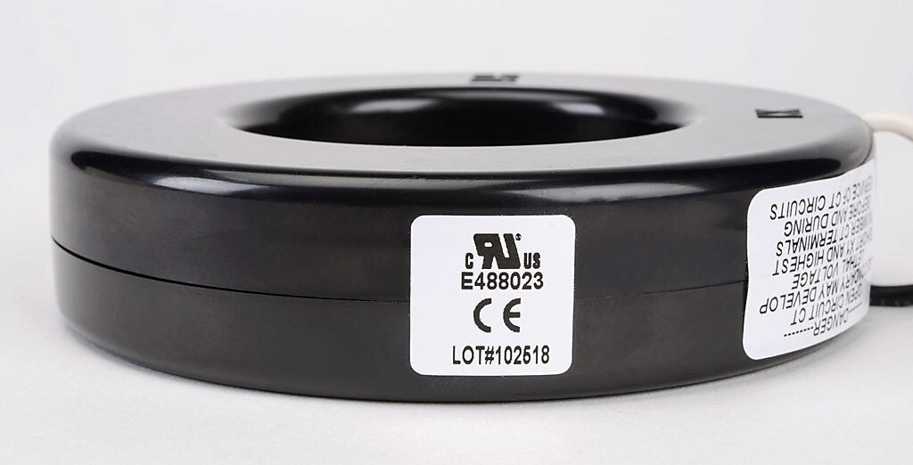 AcuAMP AC current transformer, solid core, 400A primary, 5A secondary, 2.5in diameter sensing window, 1% accuracy, (2) 24in 16AWG lead wires.-CTF-7RL-0400