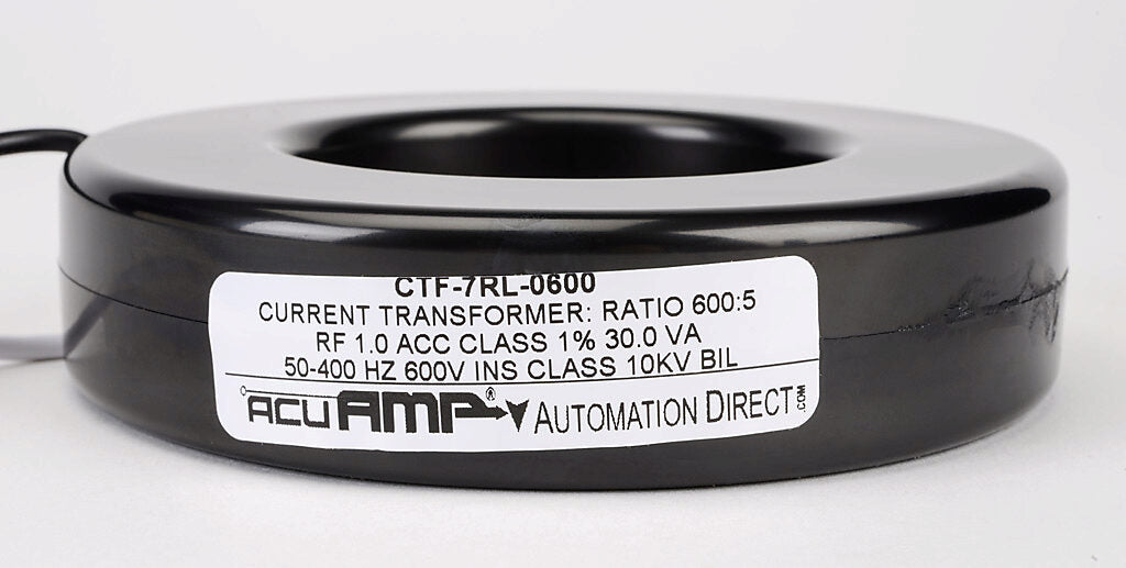 AcuAMP AC current transformer, solid core, 600A primary, 5A secondary, 2.5in diameter sensing window, 1% accuracy, (2) 24in 16AWG lead wires.-CTF-7RL-0600