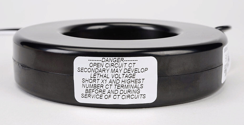 AcuAMP AC current transformer, solid core, 600A primary, 5A secondary, 2.5in diameter sensing window, 1% accuracy, (2) 24in 16AWG lead wires.-CTF-7RL-0600