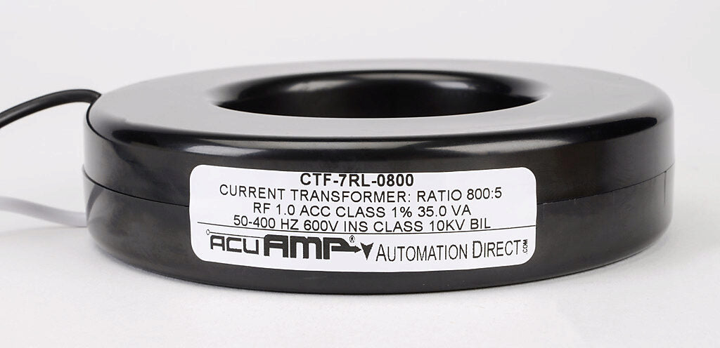 AcuAMP AC current transformer, solid core, 800A primary, 5A secondary, 2.5in diameter sensing window, 1% accuracy, (2) 24in 16AWG lead wires.-CTF-7RL-0800