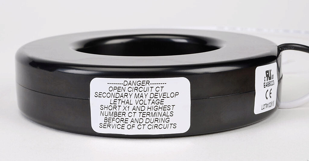 AcuAMP AC current transformer, solid core, 800A primary, 5A secondary, 2.5in diameter sensing window, 1% accuracy, (2) 24in 16AWG lead wires.-CTF-7RL-0800
