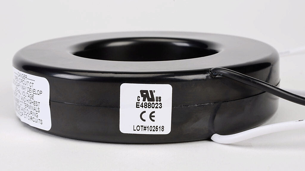 AcuAMP AC current transformer, solid core, 800A primary, 5A secondary, 2.5in diameter sensing window, 1% accuracy, (2) 24in 16AWG lead wires.-CTF-7RL-0800