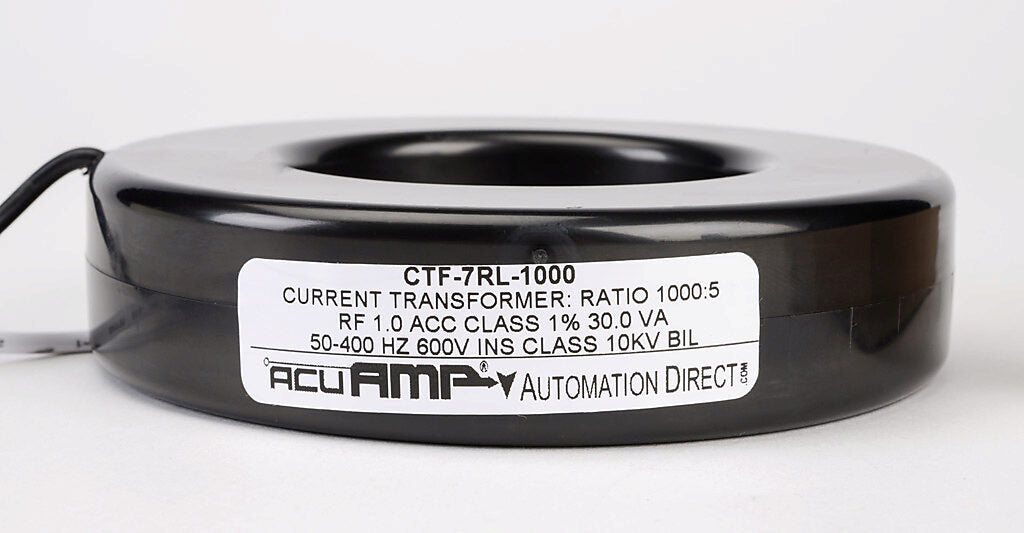 AcuAMP AC current transformer, solid core, 1000A primary, 5A secondary, 2.5in diameter sensing window, 1% accuracy, (2) 24in 16AWG lead wires.-CTF-7RL-1000