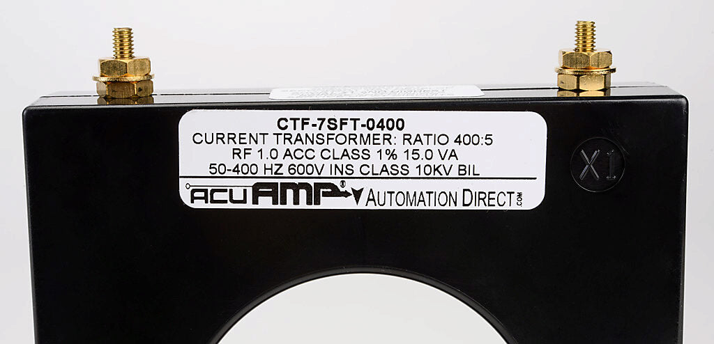 AcuAMP AC current transformer, solid core, 400A primary, 5A secondary, 2.5in diameter sensing window, 1% accuracy, M4 x 0.7 threaded terminal stud with nut.-CTF-7SFT-0400