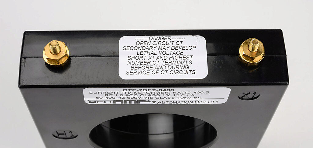 AcuAMP AC current transformer, solid core, 400A primary, 5A secondary, 2.5in diameter sensing window, 1% accuracy, M4 x 0.7 threaded terminal stud with nut.-CTF-7SFT-0400