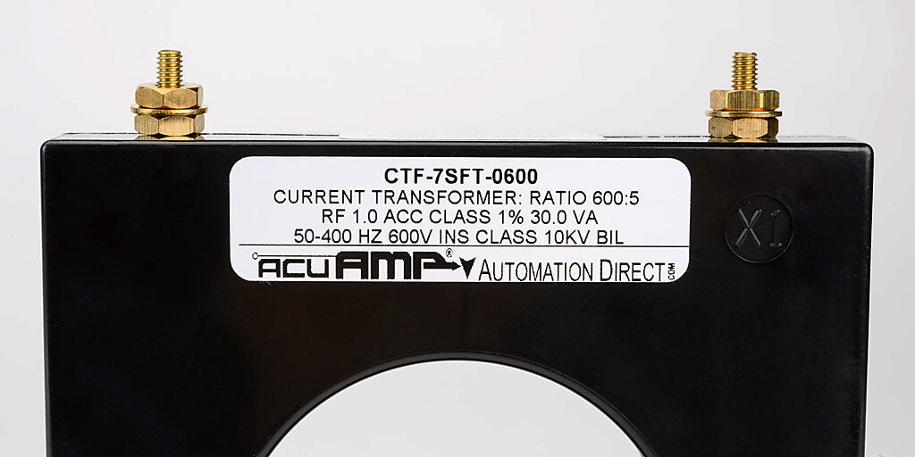 AcuAMP AC current transformer, solid core, 600A primary, 5A secondary, 2.5in diameter sensing window, 1% accuracy, M4 x 0.7 threaded terminal stud with nut.-CTF-7SFT-0600