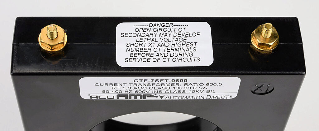 AcuAMP AC current transformer, solid core, 600A primary, 5A secondary, 2.5in diameter sensing window, 1% accuracy, M4 x 0.7 threaded terminal stud with nut.-CTF-7SFT-0600