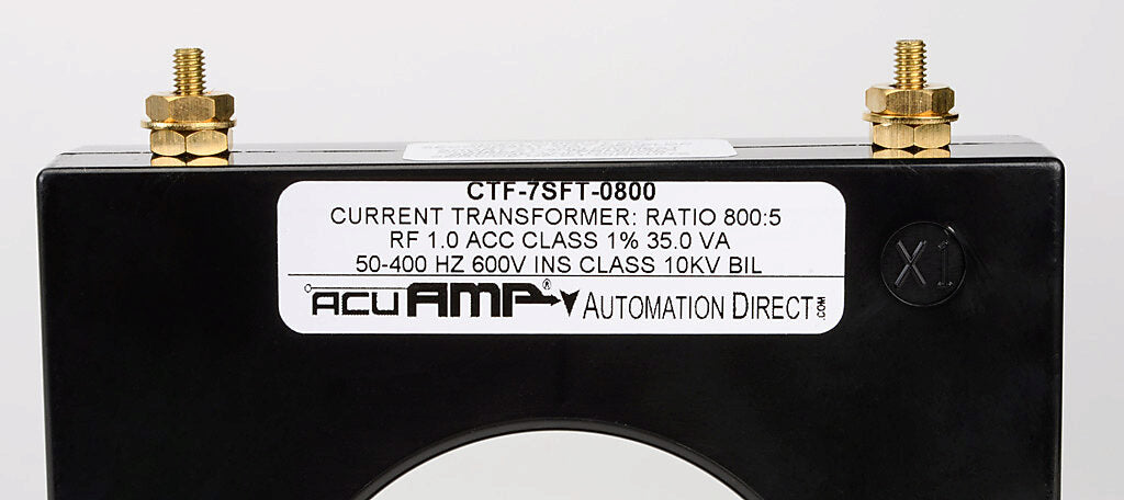 AcuAMP AC current transformer, solid core, 800A primary, 5A secondary, 2.5in diameter sensing window, 1% accuracy, M4 x 0.7 threaded terminal stud with nut.-CTF-7SFT-0800