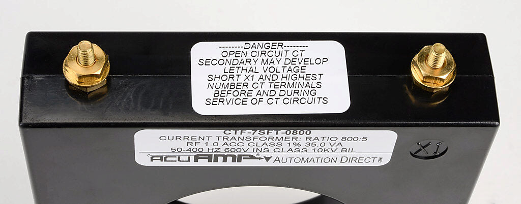 AcuAMP AC current transformer, solid core, 800A primary, 5A secondary, 2.5in diameter sensing window, 1% accuracy, M4 x 0.7 threaded terminal stud with nut.-CTF-7SFT-0800