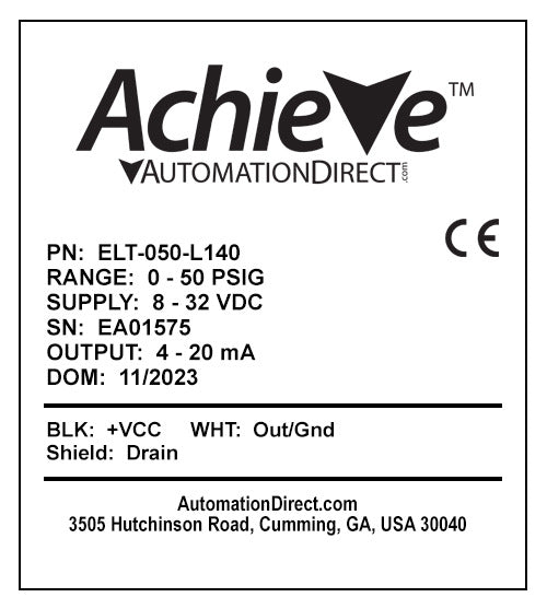 AchieVe hydrostatic submersible level transmitter, 0 to 50 psig (115.5ft of water column) sensing range, Output: 1-channel, output current signal range(s) of 4-20 mA, 0.825in diameter housing, shielded and vented 140ft cable.-ELT-050-L140