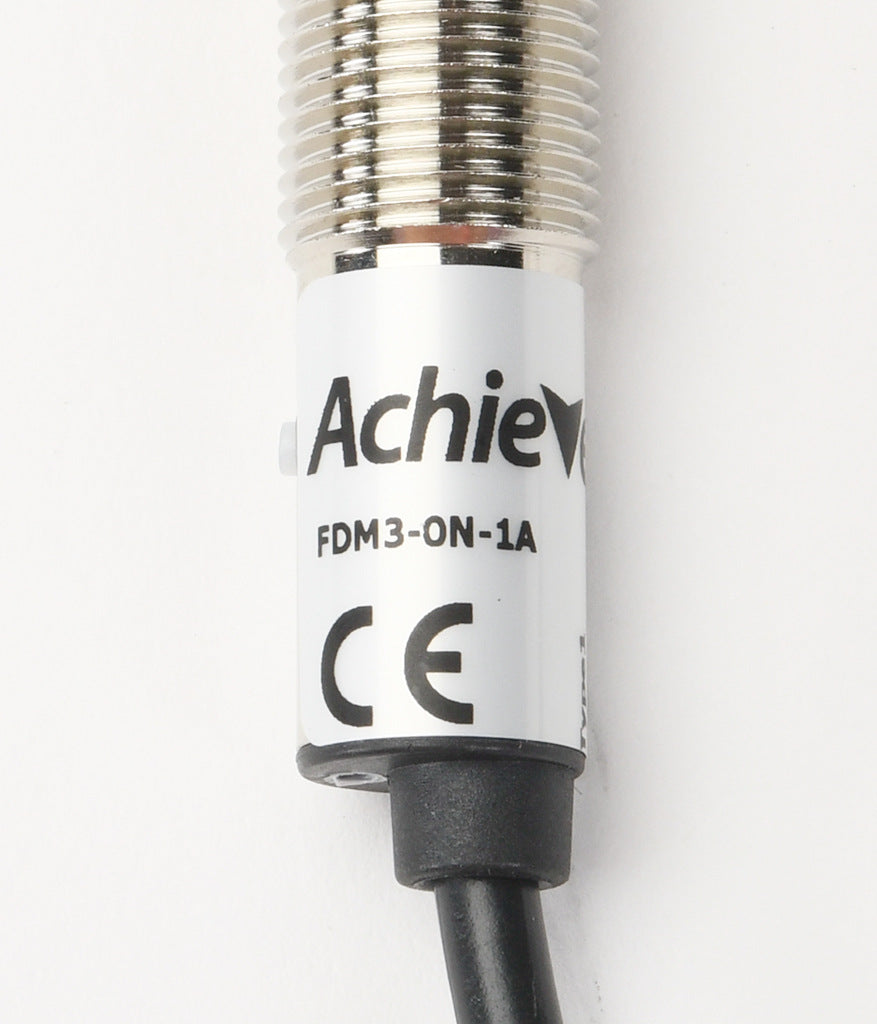 AchieVe photoelectric sensor, tubular, threaded, diffuse, infrared, 100mm sensing distance, selectable light-on/dark-on, NPN, 1 kHz switching frequency, teach-in button, metal housing, pigtail.-FDM3-0N-1A