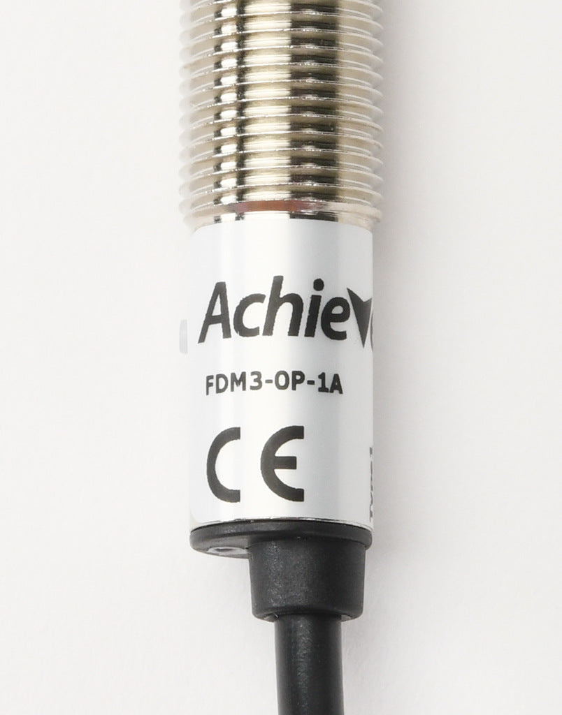 AchieVe photoelectric sensor, tubular, threaded, diffuse, infrared, 100mm sensing distance, selectable light-on/dark-on, PNP, 1 kHz switching frequency, teach-in button, metal housing, pigtail.-FDM3-0P-1A