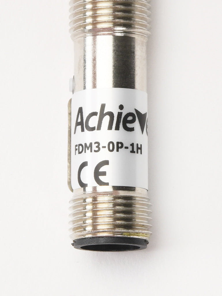 AchieVe photoelectric sensor, tubular, threaded, diffuse, infrared, 100mm sensing distance, selectable light-on/dark-on, PNP, 1 kHz switching frequency, teach-in button, metal housing, 4-pin M12 quick-disconnect.-FDM3-0P-1H