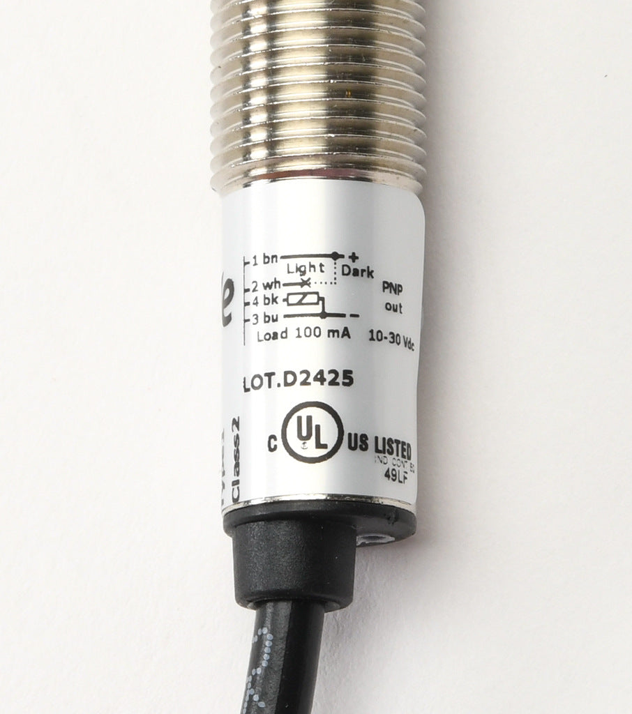 AchieVe photoelectric sensor, tubular, threaded, diffuse, infrared, 300mm sensing distance, selectable light-on/dark-on, PNP, 1 kHz switching frequency, teach-in button, metal housing, pigtail.-FDM7-0P-1A