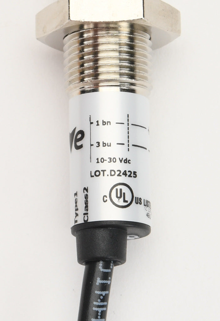 AchieVe photoelectric sensor, tubular, threaded, metal housing, through-beam emitter, infrared, 4m sensing distance, 10-30 VDC operating voltage, 3-wire, pigtail.-FDME-00-1A
