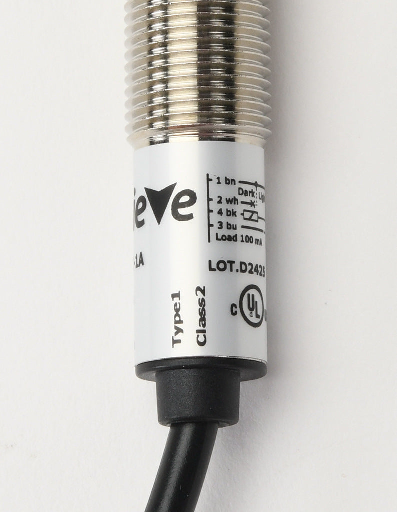 AchieVe photoelectric sensor, tubular, threaded, polarized retroreflective, visible red, 2m sensing distance, selectable light-on/dark-on, NPN, teach-in button, 4-wire, pigtail.-FDMP-0N-1A