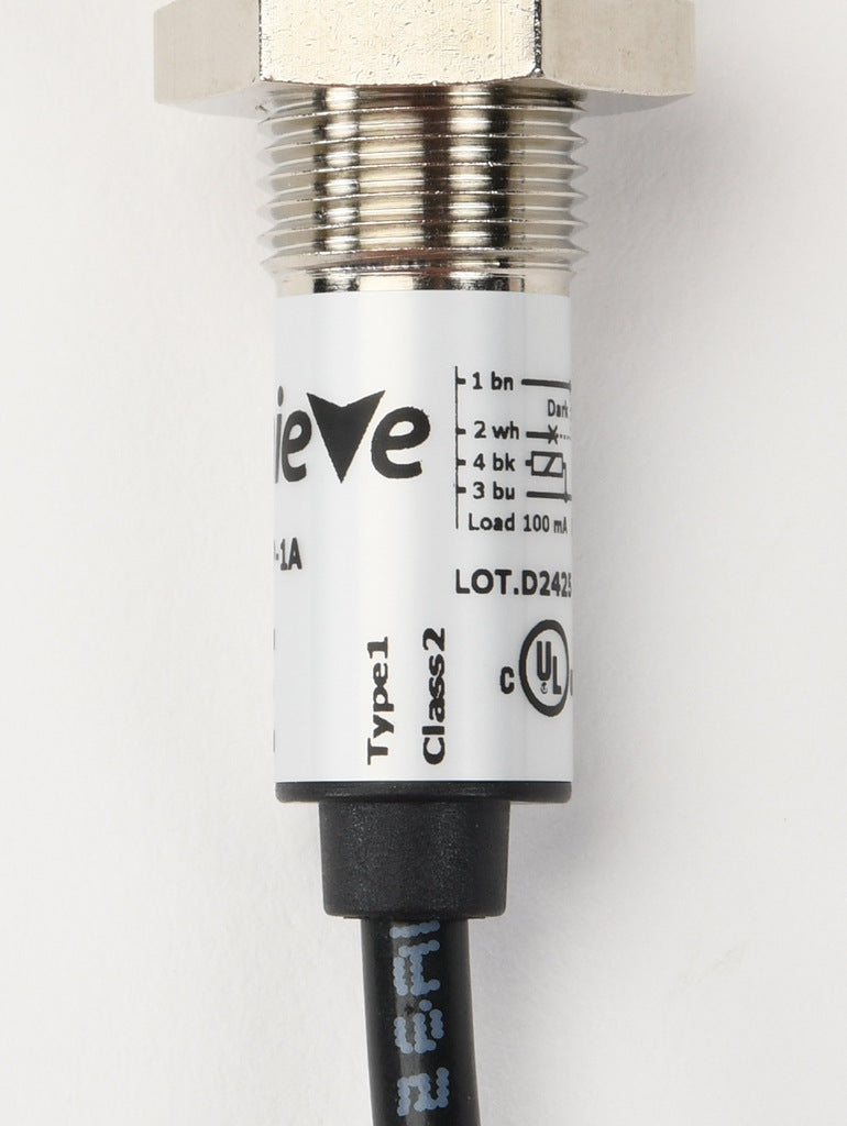 AchieVe photoelectric sensor, tubular, threaded, polarized retroreflective, visible red, 2m sensing distance, selectable light-on/dark-on, PNP, teach-in button, 4-wire, pigtail.-FDMP-0P-1A