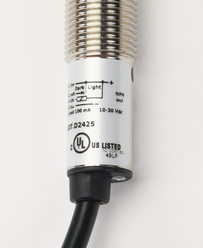AchieVe photoelectric sensor, tubular, threaded, metal housing, through-beam receiver, 4m sensing distance, 10-30 VDC operating voltage, selectable light-on/dark-on, NPN, 4-wire, pigtail.-FDMR-0N-1A