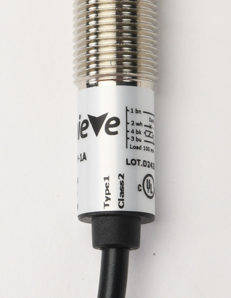 AchieVe photoelectric sensor, tubular, threaded, metal housing, through-beam receiver, 4m sensing distance, 10-30 VDC operating voltage, selectable light-on/dark-on, PNP, 4-wire, pigtail.-FDMR-0P-1A