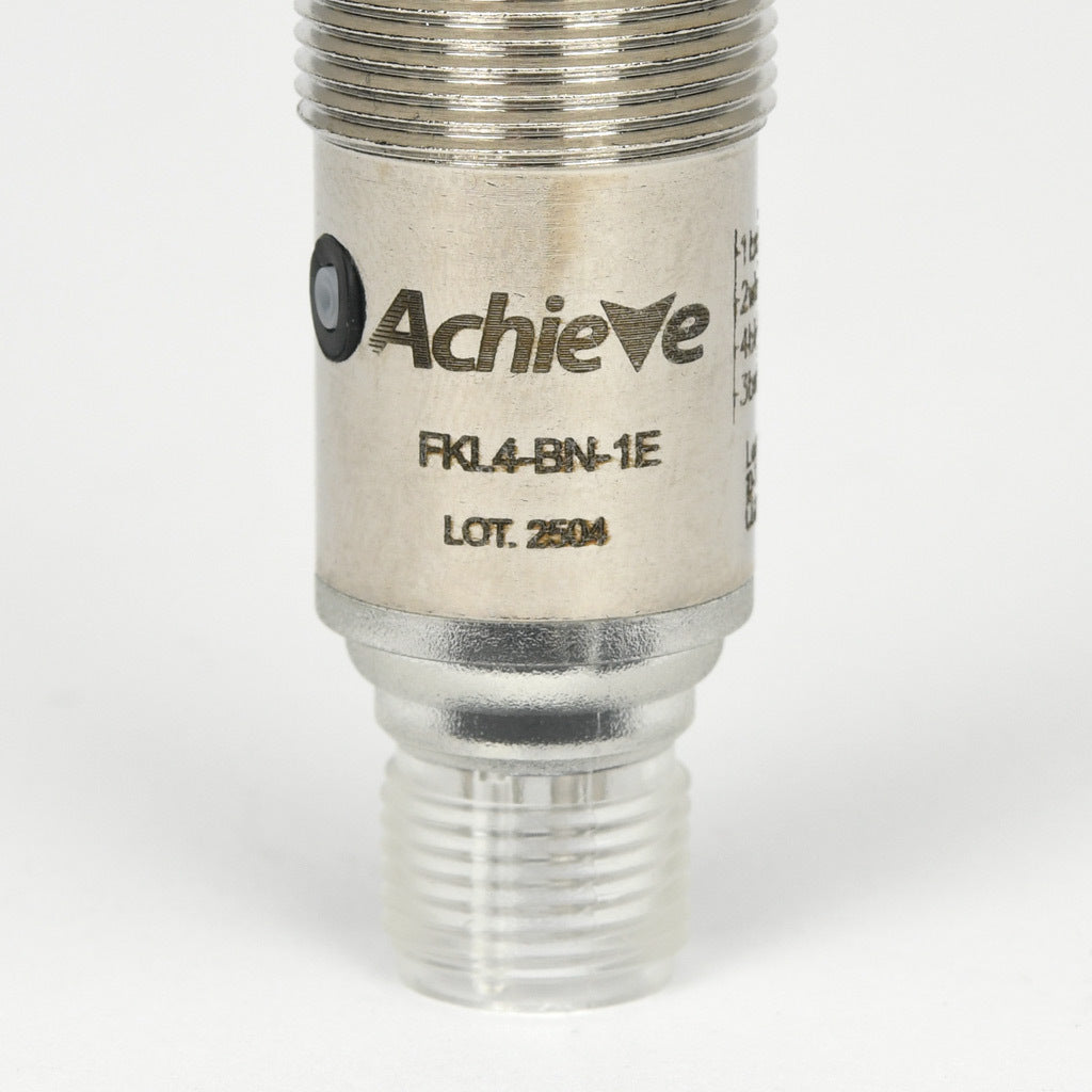 AchieVe photoelectric sensor, tubular, threaded, diffuse, Class 1 red laser, 0-300mm sensing distance, complementary light-on/dark-on, NPN, teach-in button, 1 kHz switching frequency, nickel-plated brass housing, 4-pin M12 quick-disconnect.-FKL4-BN-1E