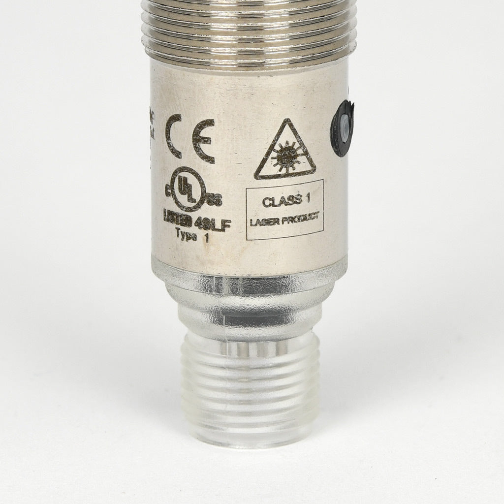 AchieVe photoelectric sensor, tubular, threaded, diffuse, Class 1 red laser, 0-300mm sensing distance, complementary light-on/dark-on, PNP, teach-in button, 1 kHz switching frequency, nickel-plated brass housing, 4-pin M12 quick-disconnect.-FKL4-BP-1E