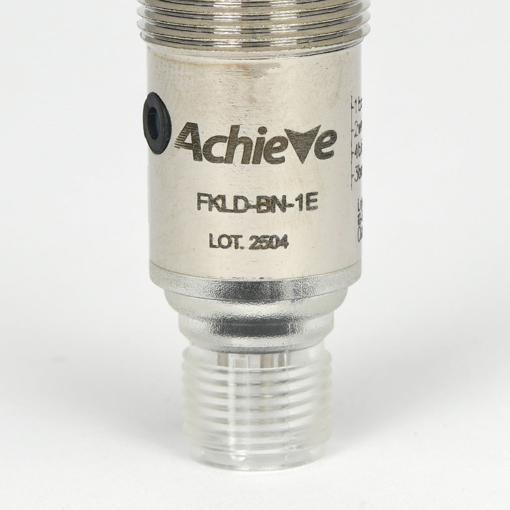 AchieVe photoelectric sensor, tubular, threaded, nickel-plated brass housing, through-beam receiver, 0.05-50m sensing distance, 10-30 VDC operating voltage, complementary light-on/dark-on, NPN, 4-wire, 4-pin M12 quick-disconnect.-FKLD-BN-1E