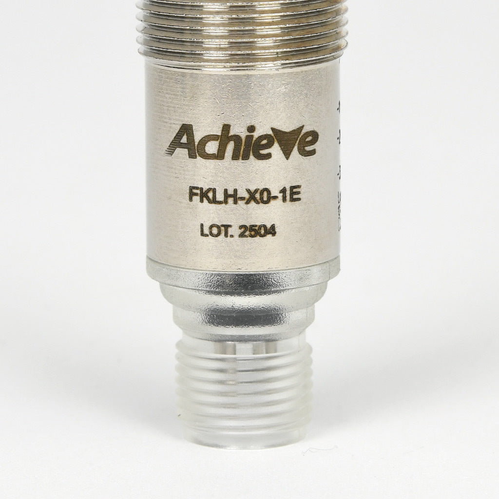 AchieVe photoelectric sensor, tubular, threaded, nickel-plated brass housing, through-beam emitter, Class 1 red laser, 0.05-50m sensing distance, 10-30 VDC operating voltage, 3-wire, 4-pin M12 quick-disconnect.-FKLH-X0-1E
