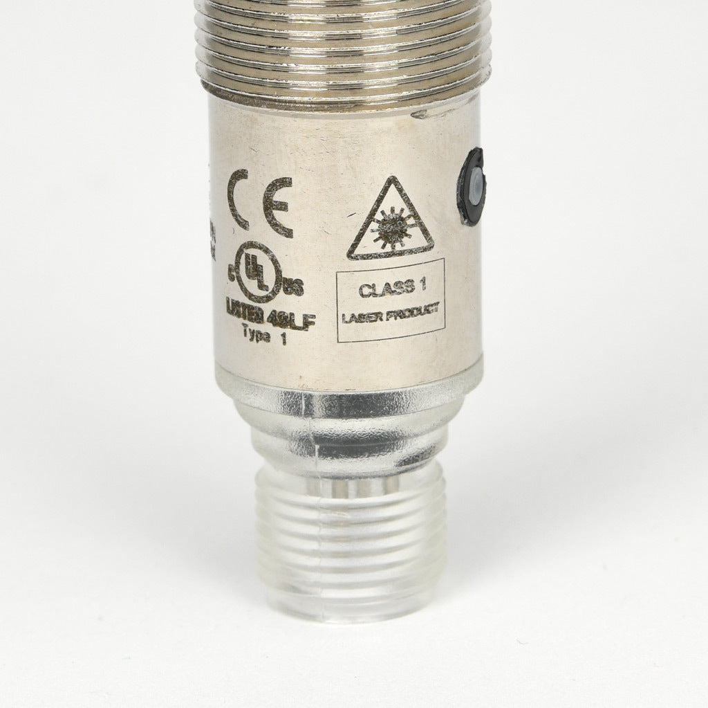 AchieVe photoelectric sensor, tubular, threaded, polarized retroreflective, Class 1 red laser, 0.05-30m sensing distance, complementary light-on/dark-on, NPN, teach-in button, 4-wire, 4-pin M12 quick-disconnect.-FKLN-BN-1E