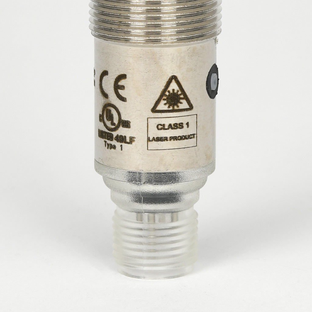 AchieVe photoelectric sensor, tubular, threaded, polarized retroreflective, Class 1 red laser, 0.05-30m sensing distance, complementary light-on/dark-on, PNP, teach-in button, 4-wire, 4-pin M12 quick-disconnect.-FKLN-BP-1E
