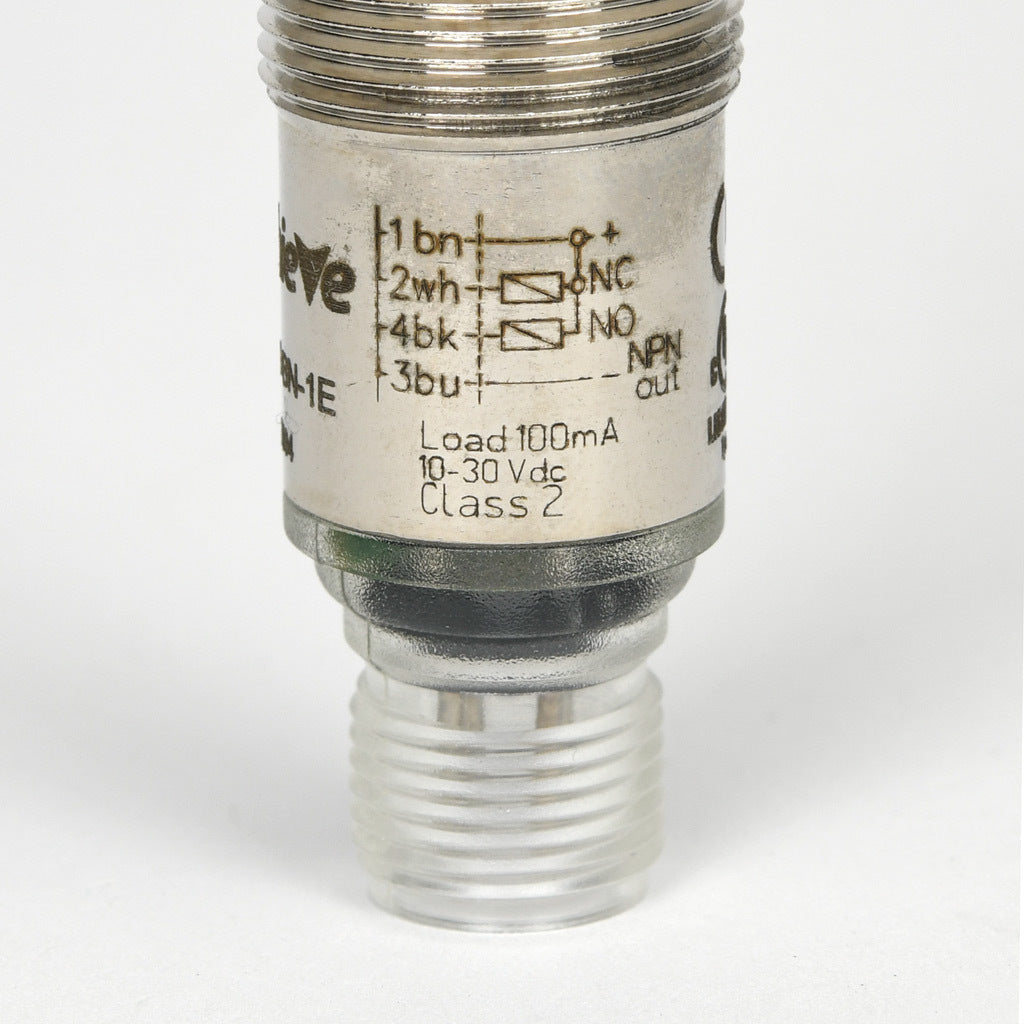 AchieVe photoelectric sensor, tubular, threaded, diffuse with background suppression, 30-100mm sensing distance, complementary light-on/dark-on, NPN, potentiometer, 1.5 kHz switching frequency, 4-pin M12 quick-disconnect.-FKLS-BN-1E