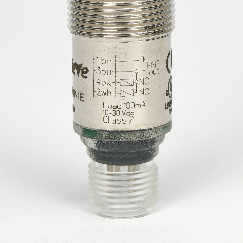 AchieVe photoelectric sensor, tubular, threaded, diffuse with background suppression, 30-100mm sensing distance, complementary light-on/dark-on, PNP, potentiometer, 1.5 kHz switching frequency, 4-pin M12 quick-disconnect.-FKLS-BP-1E